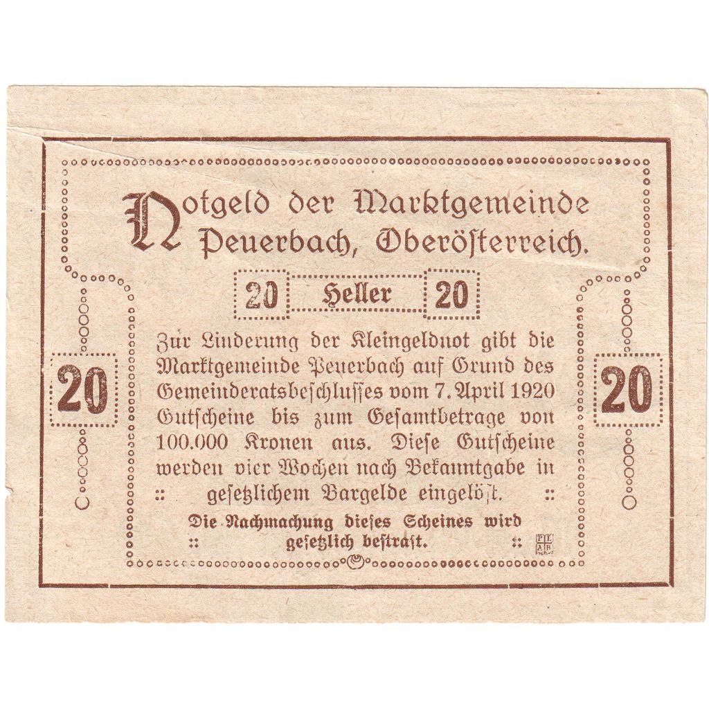 Austria, Peuerbach, 20 Heller, 1920-04-07, EF(40-45)