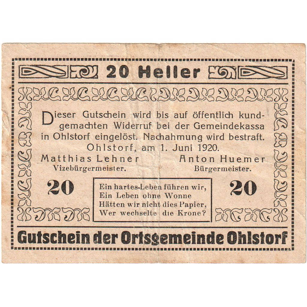 Austria, Ohlstorf, 20 Heller, 1920-06-01, VF(20-25)