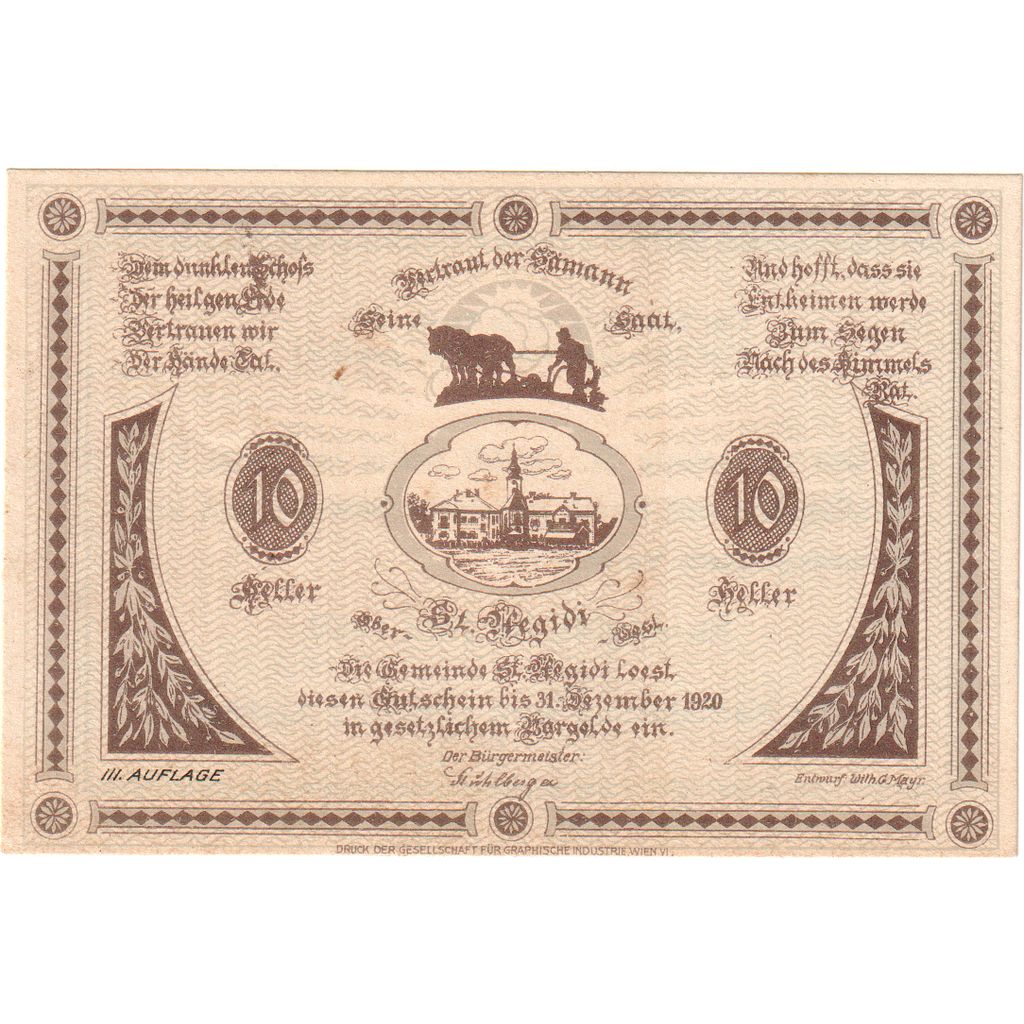Austria, St Aegidi, 10 Heller, 1920-12-31, UNC(63)