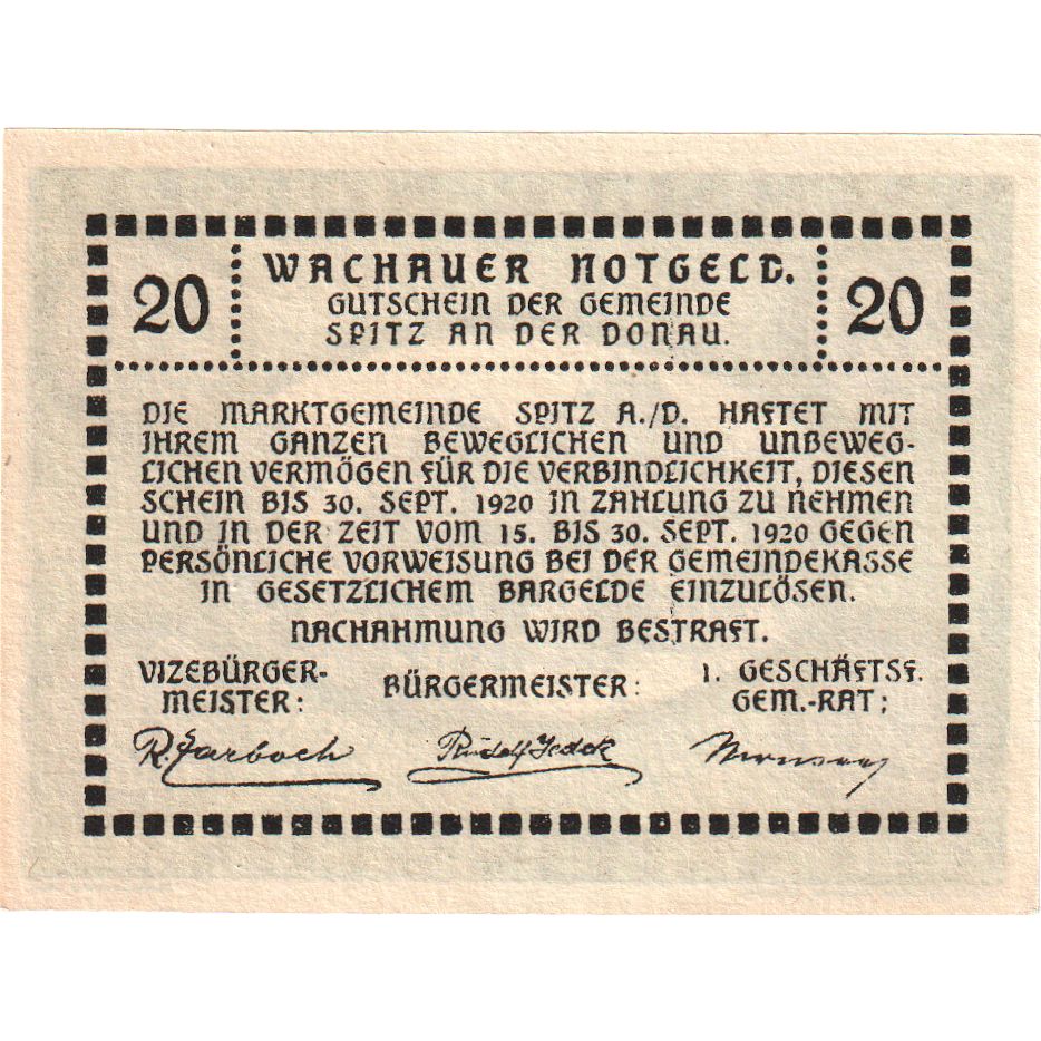 Austria, Spitz an der Donau, 20 Heller, 1920-09-30, SPL