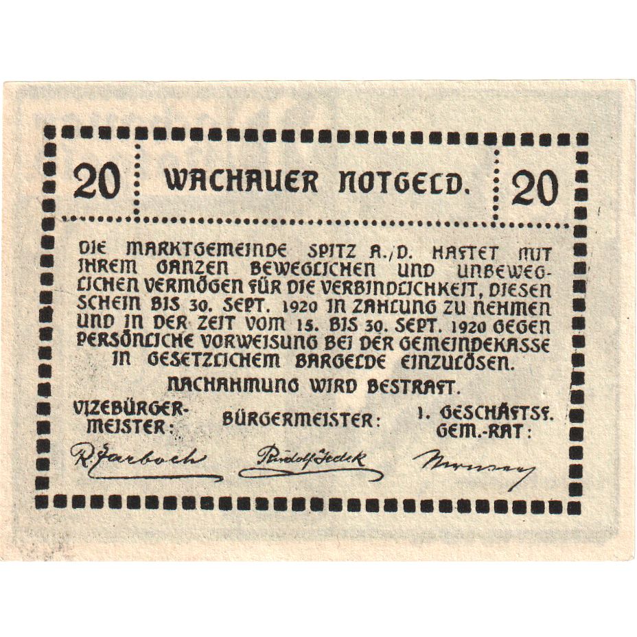 Austria, Spitz an der Donau, 20 Heller, 1920-09-30, SPL