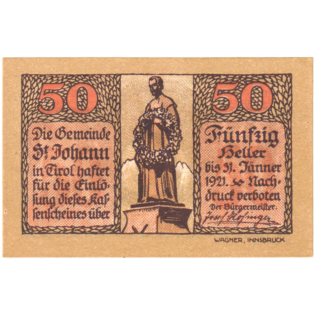 Austria, St Johann in Tirol, 50 Heller, 1921-01-31, SPL