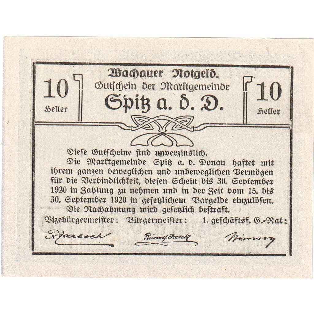 Austria, Spitz an der Donau, 10 Heller, 1920-09-30, SPL