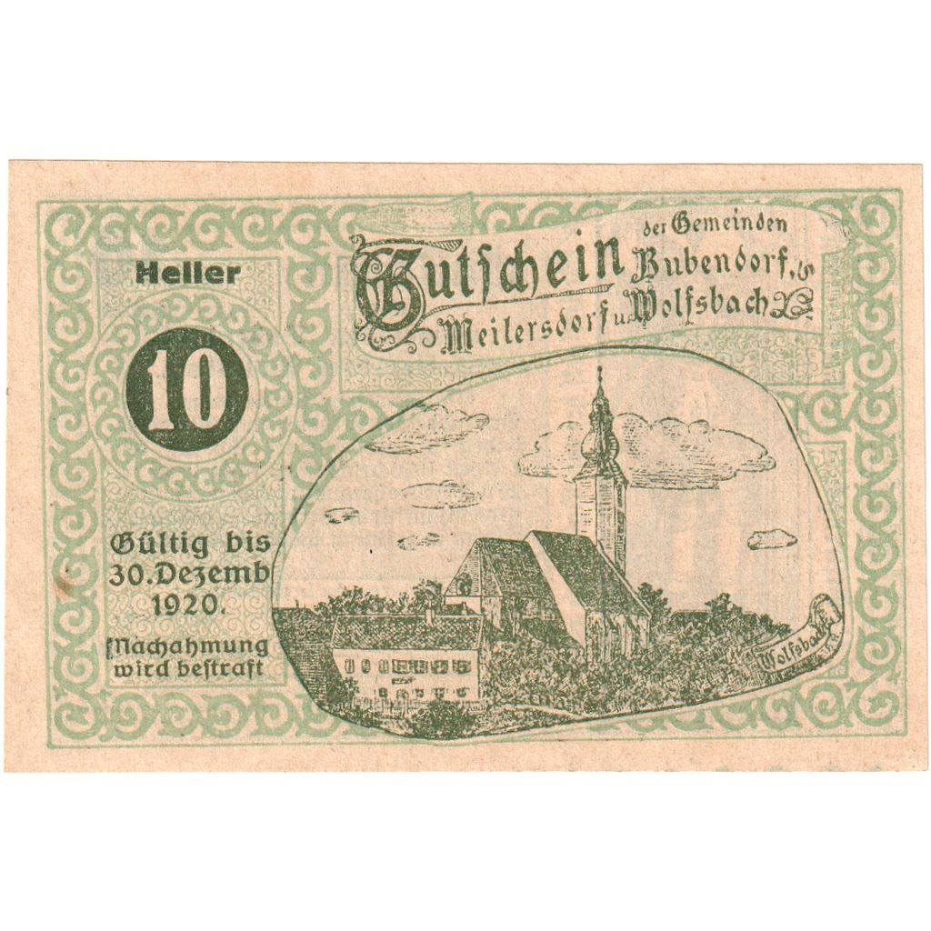 Austria, Bubendorf, 10 Heller, 1920-12-30, UNC(63)