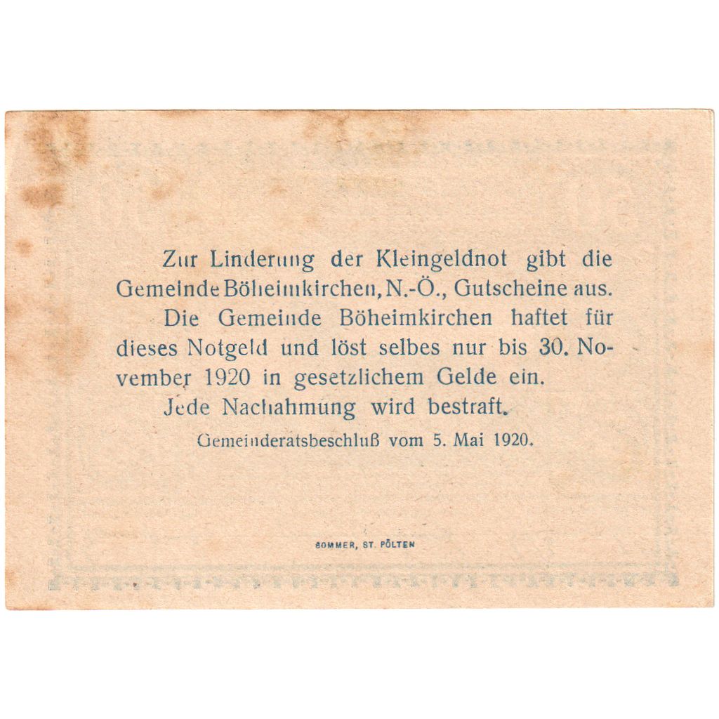Austria, Böheimkirchen, 50 Heller, 1920-11-30, AU(55-58)