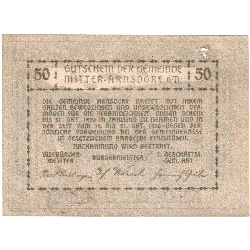 Austria, Mitter-Arnsdorf, 50 Heller, 1920-10-31, MBC