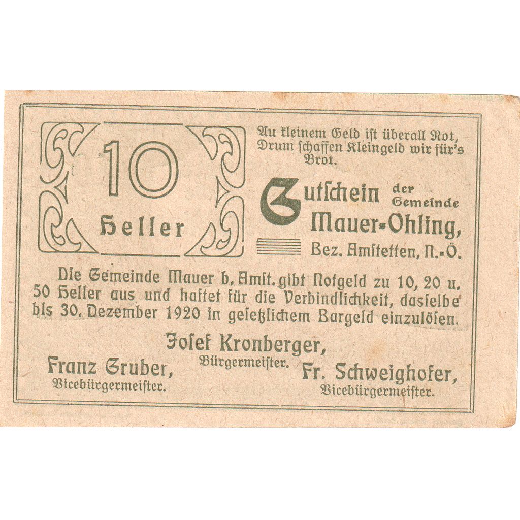 Autriche, Mauer Ohling, 10 Heller, 1920-12-31, SUP