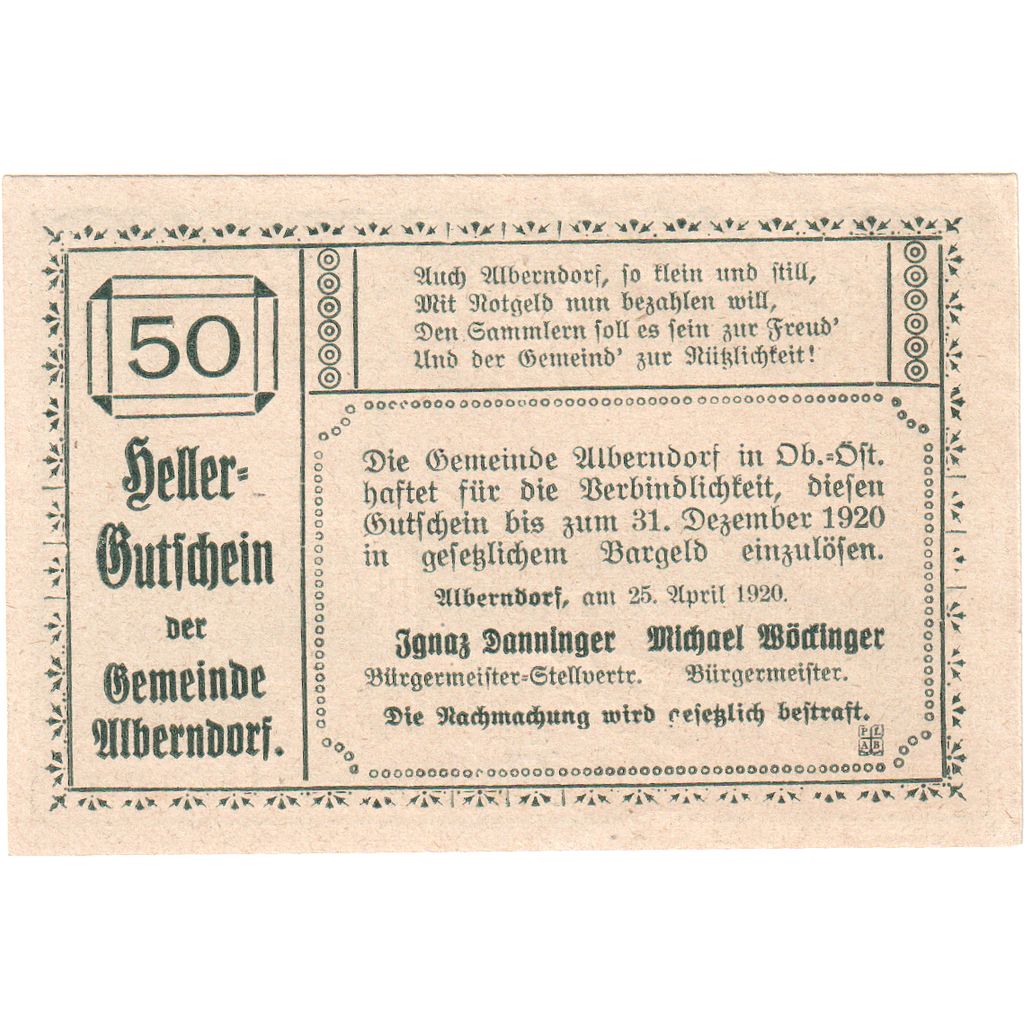 Austria, Alberndorf, 50 Heller, 1920-12-31, UNC(63)