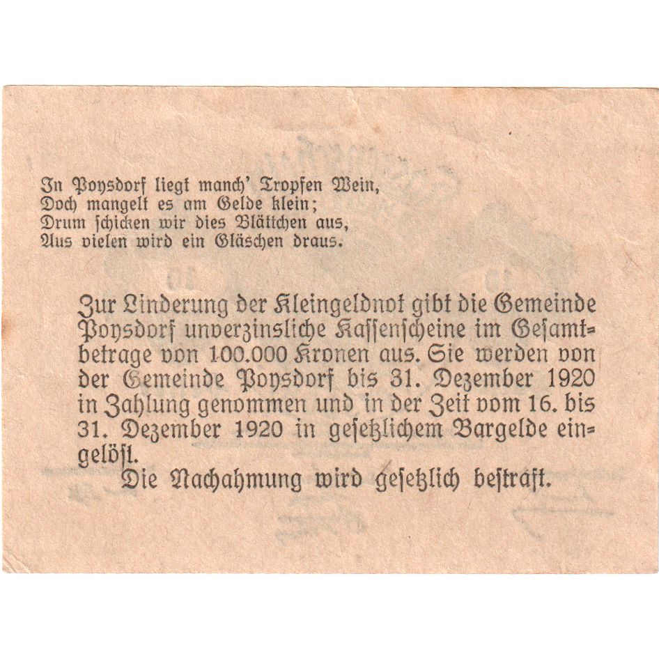 Austria, Poysdorf, 10 Heller, 1920-12-31, SPL