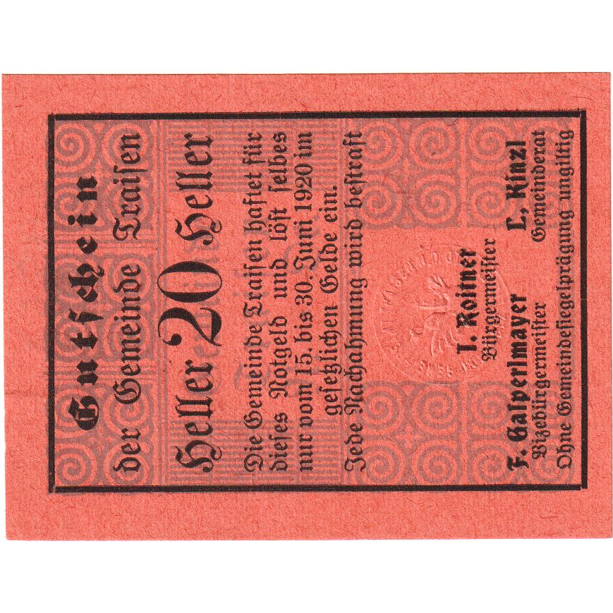 Austria, Traisen, 20 Heller, 1920-06-30, SPL