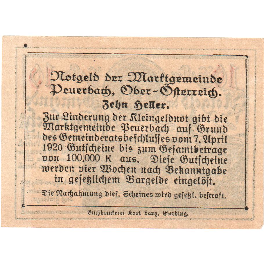 Austria, Peuerbach, 10 Heller, 1920-04-07, SPL-