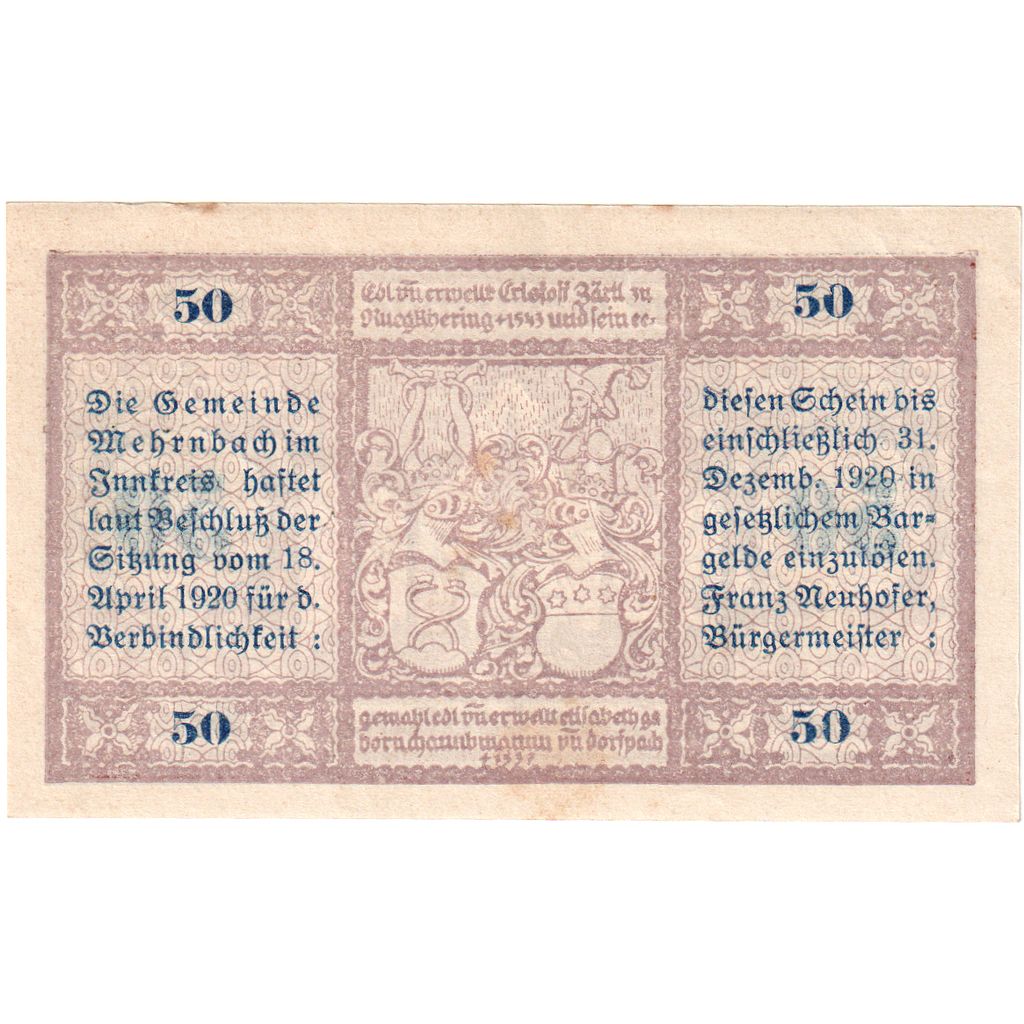 Áustria, Mehrnbach, 50 Heller, 1920-12-31, AU(55-58)