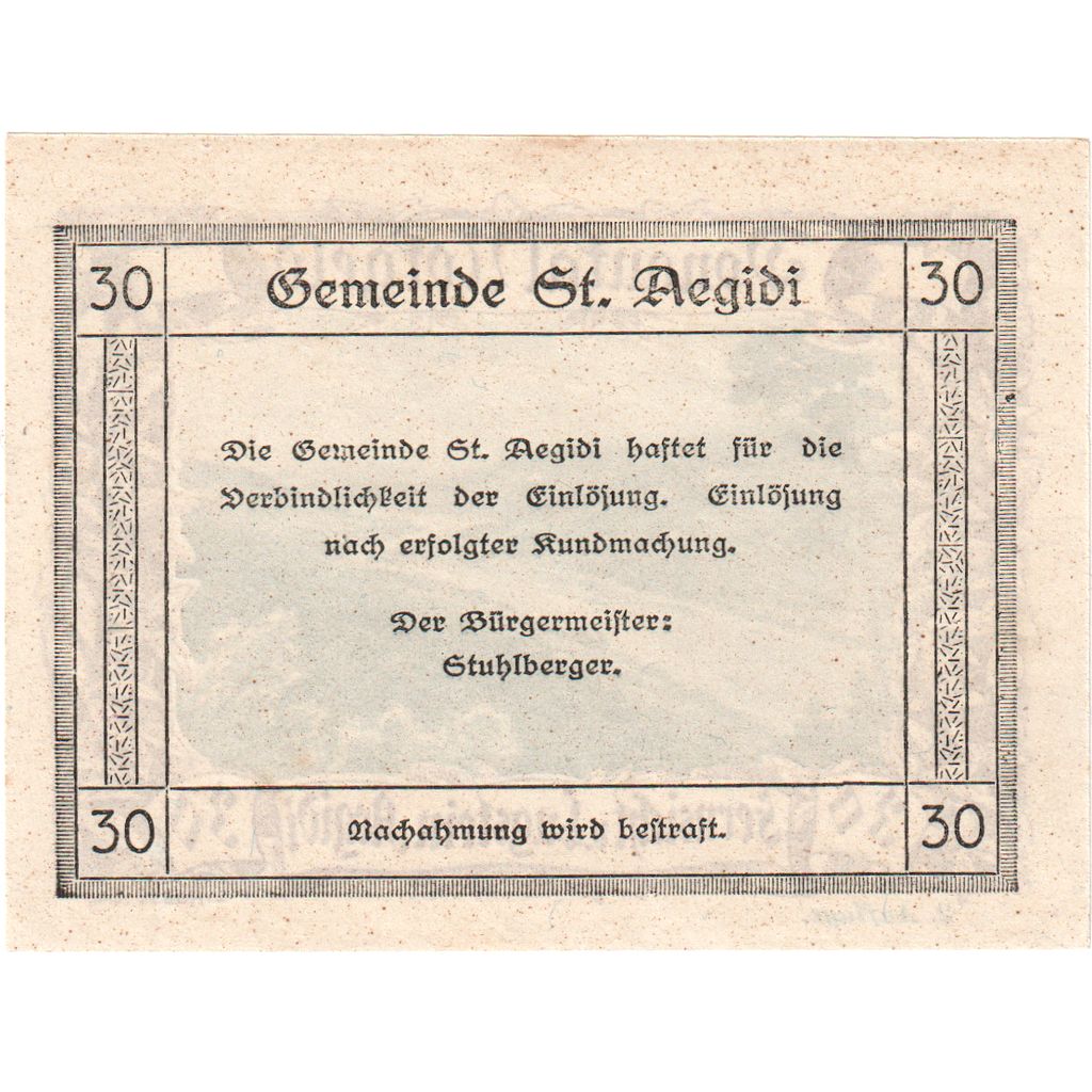 Áustria, St Aegidi, 30 Heller, UNC(63)