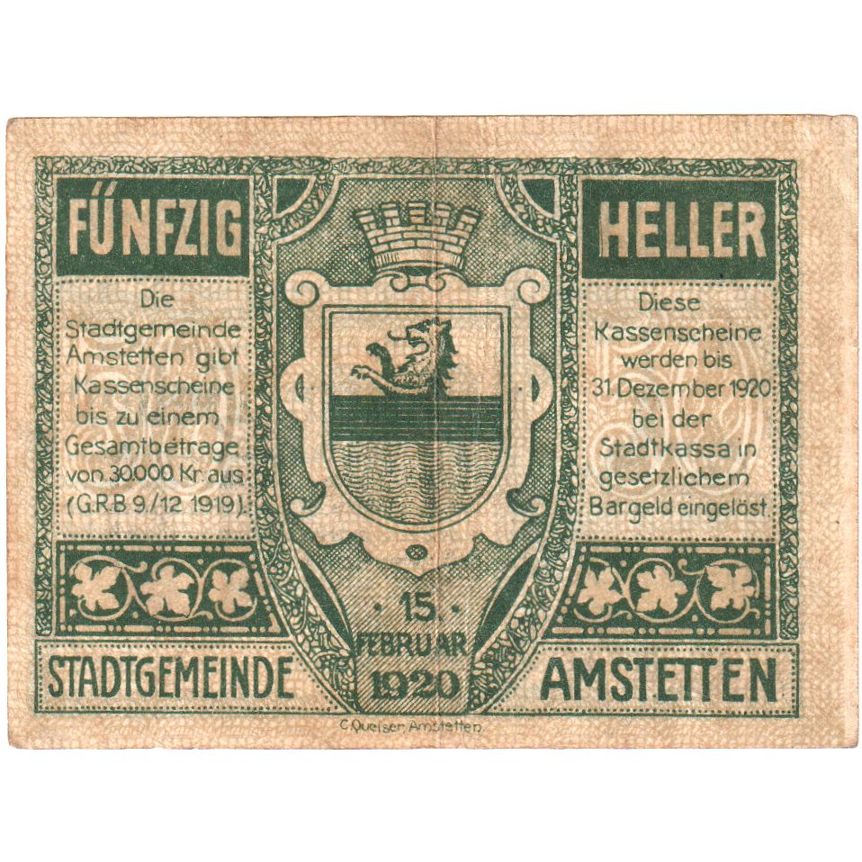 Áustria, Amstetten, 50 Heller, 1920-12-31, EF(40-45)