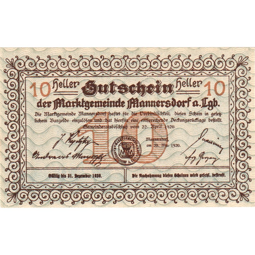 Austria, Mannersdorf, 10 Heller, 1920-12-31, SPL