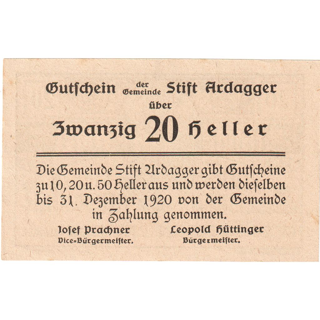Austria, Stift Ardagger, 20 Heller, 1920-12-30, SPL-
