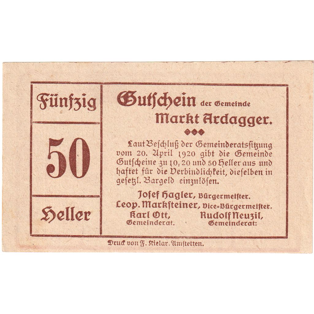 Áustria, Ardagger, 50 Heller, 1920-12-31, UNC(63)