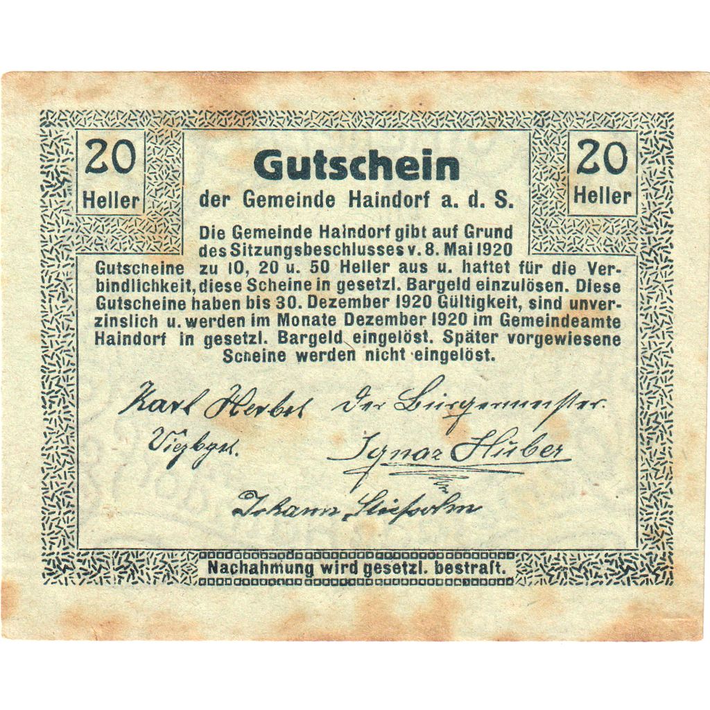 Austria, Haindorf, 20 Heller, 1920-12-30, MB