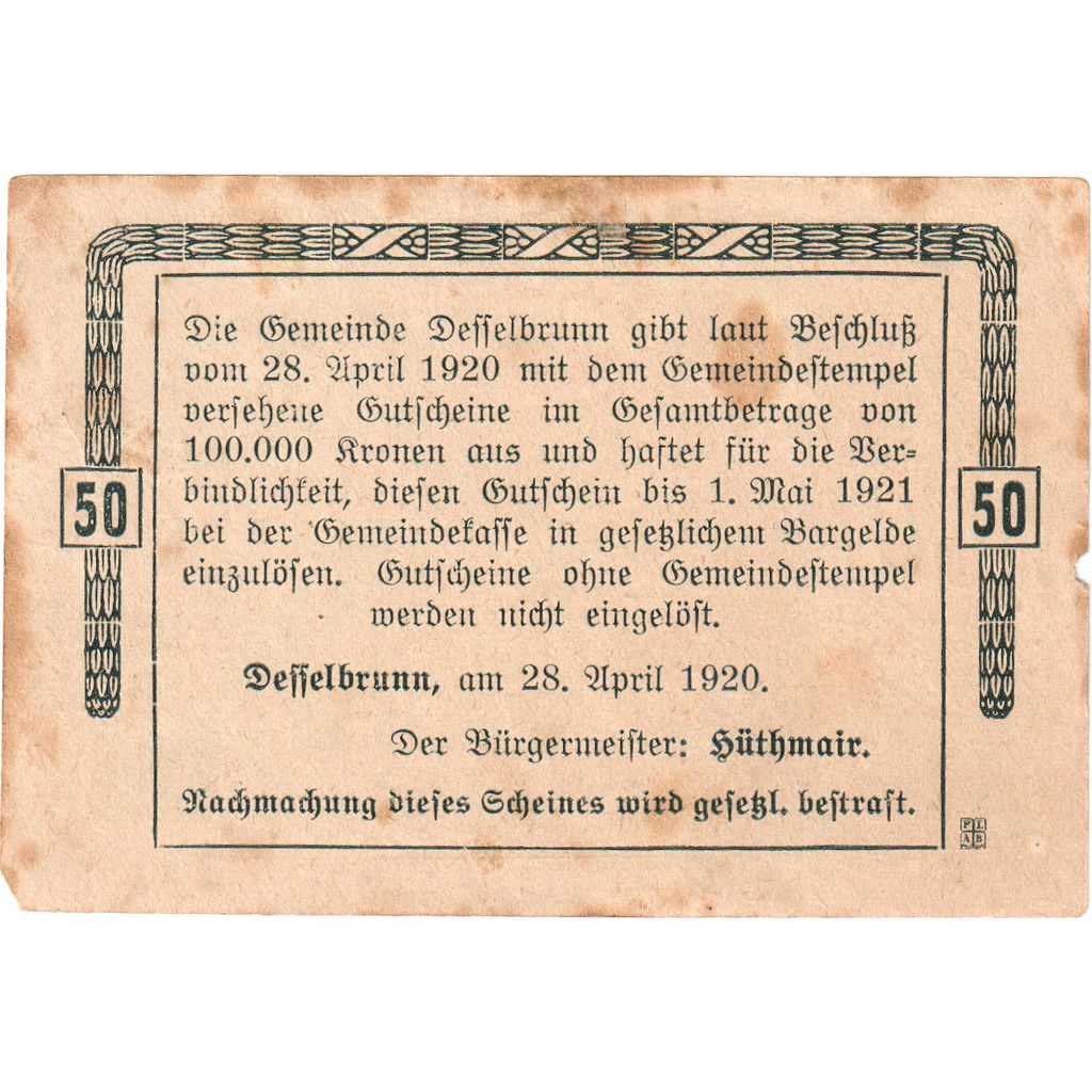 Áustria, Desselbrunn, 50 Heller, 1920-05-01, VF(20-25)