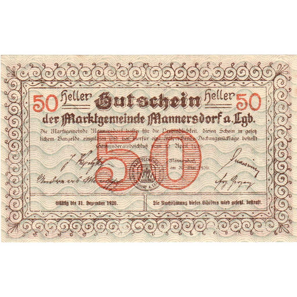 Austria, Mannersdorf, 50 Heller, 1921-01-31, UNC(63)