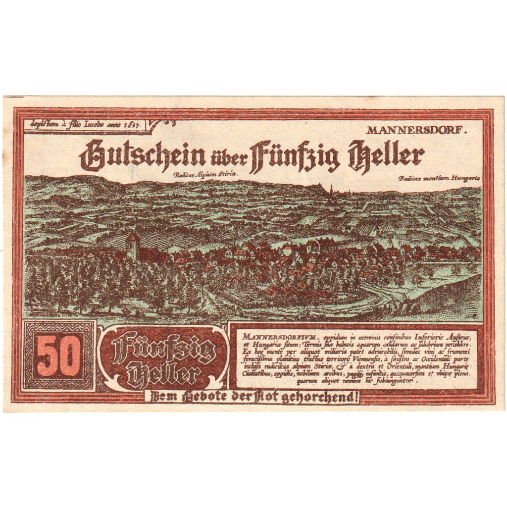 Austria, Mannersdorf, 50 Heller, 1921-01-31, UNC(63)