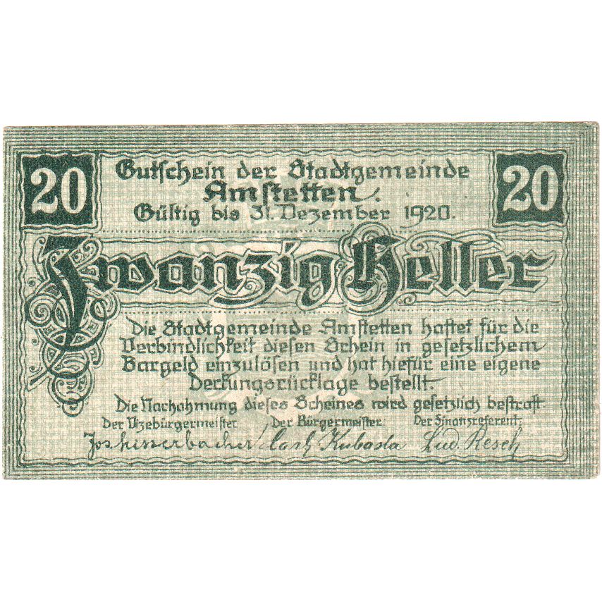 Austria, Amstetten, 20 Heller, 1920-12-31, UNC(63)