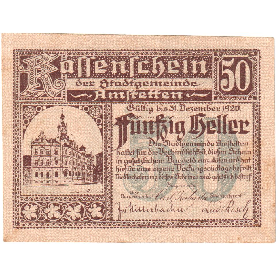 Áustria, Amstetten, 50 Heller, 1920-12-31, UNC(63)