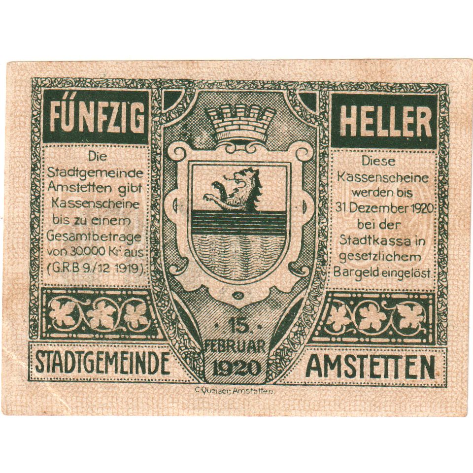 Áustria, Amstetten, 50 Heller, 1920-12-31, UNC(63)