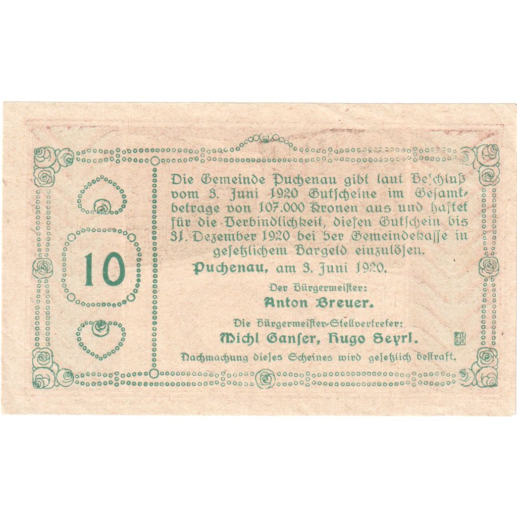 Áustria, Puchenau, 10 Heller, 1920-12-31, UNC(63)
