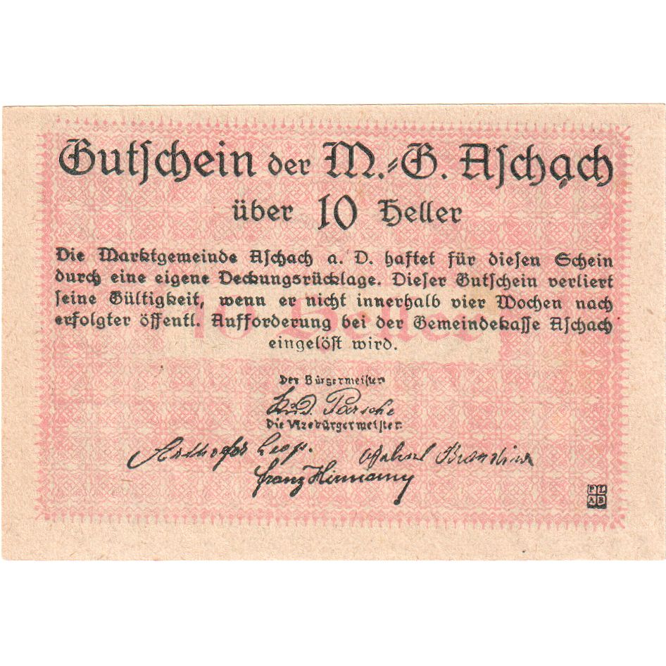 Austria, Aschach, 10 Heller, UNC(63)