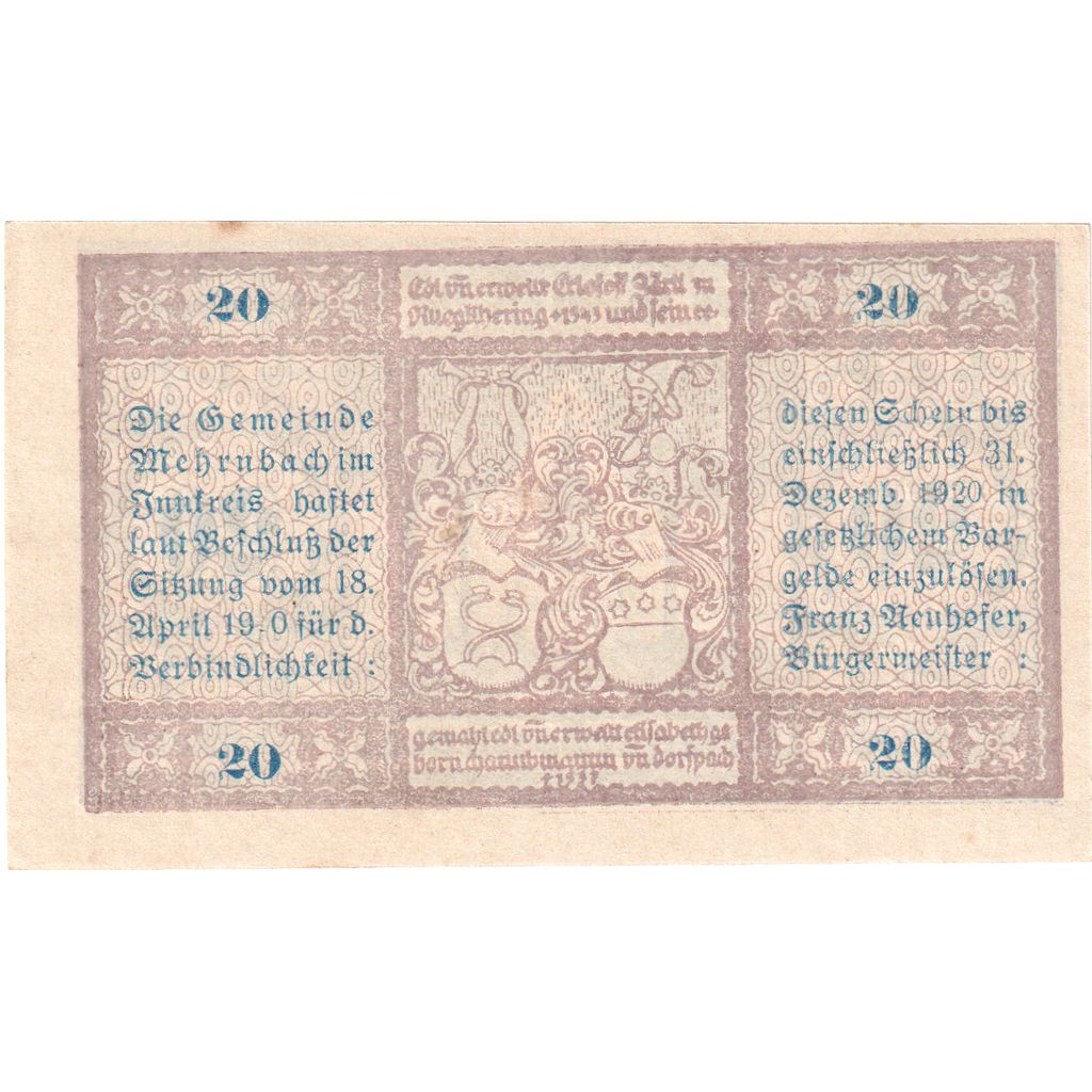 Áustria, Mehrnbach, 20 Heller, 1920-12-31, UNC(63)