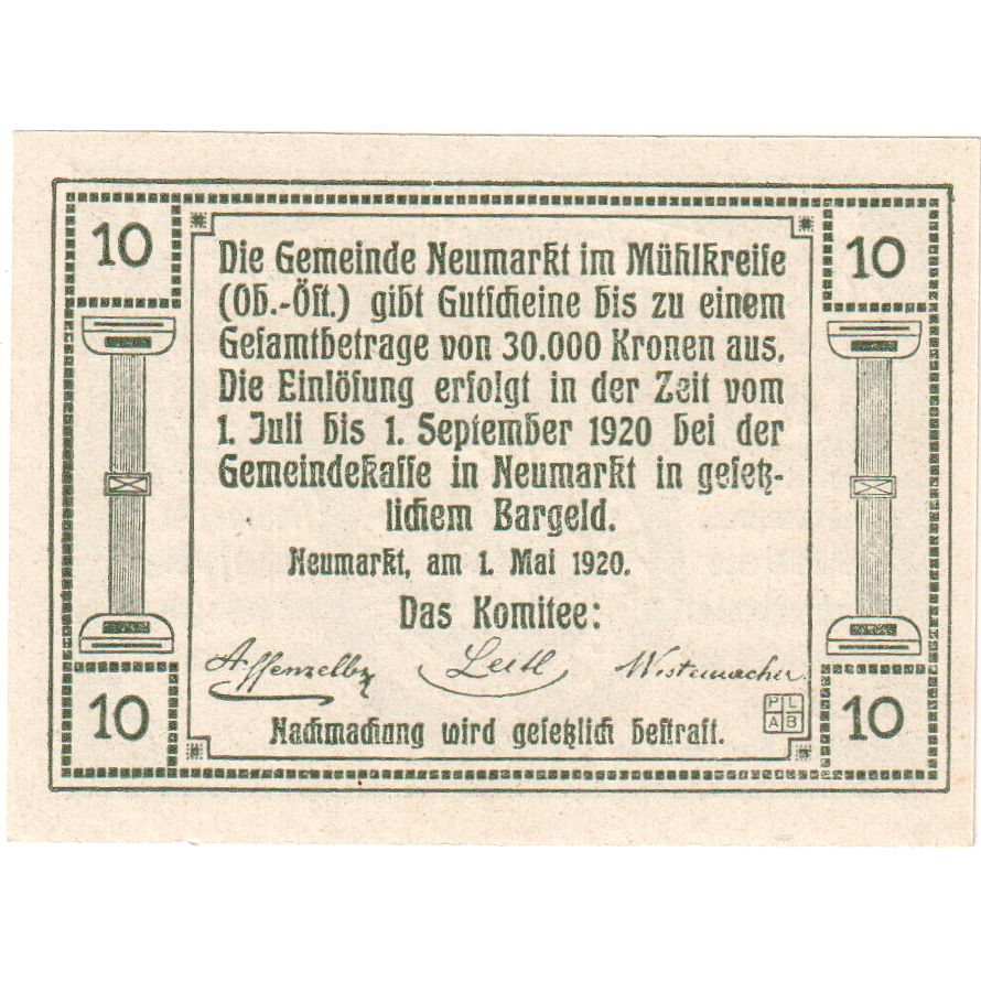 Áustria, Neumarkt, 10 Heller, 1920-09-01, UNC(63)