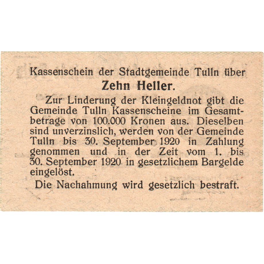 Áustria, Tulln, 10 Heller, 1920-09-30, UNC(63)