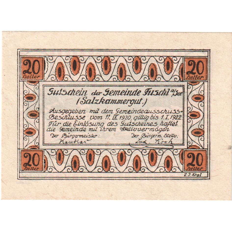 Áustria, Fuschl, 20 Heller, 1922-01-01, UNC(63)
