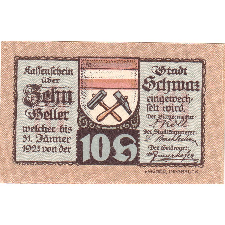 Áustria, Schwaz, 10 Heller, 1921-01-31, UNC(63)