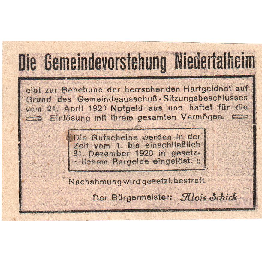 Austria, Niederthalheim, 20 Heller, 1920-12-31, SC