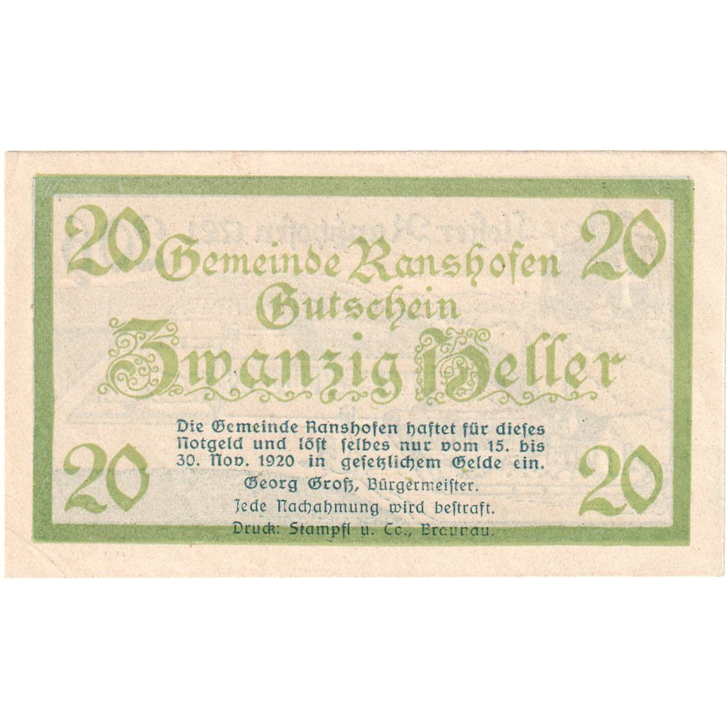 Áustria, Ranshofen, 20 Heller, 1920-11-31, UNC(63)