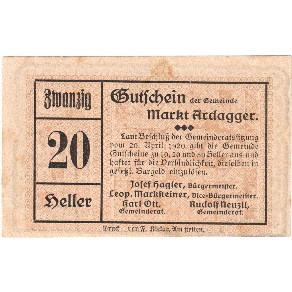 Áustria, Ardagger, 20 Heller, 1920-12-31, EF(40-45)