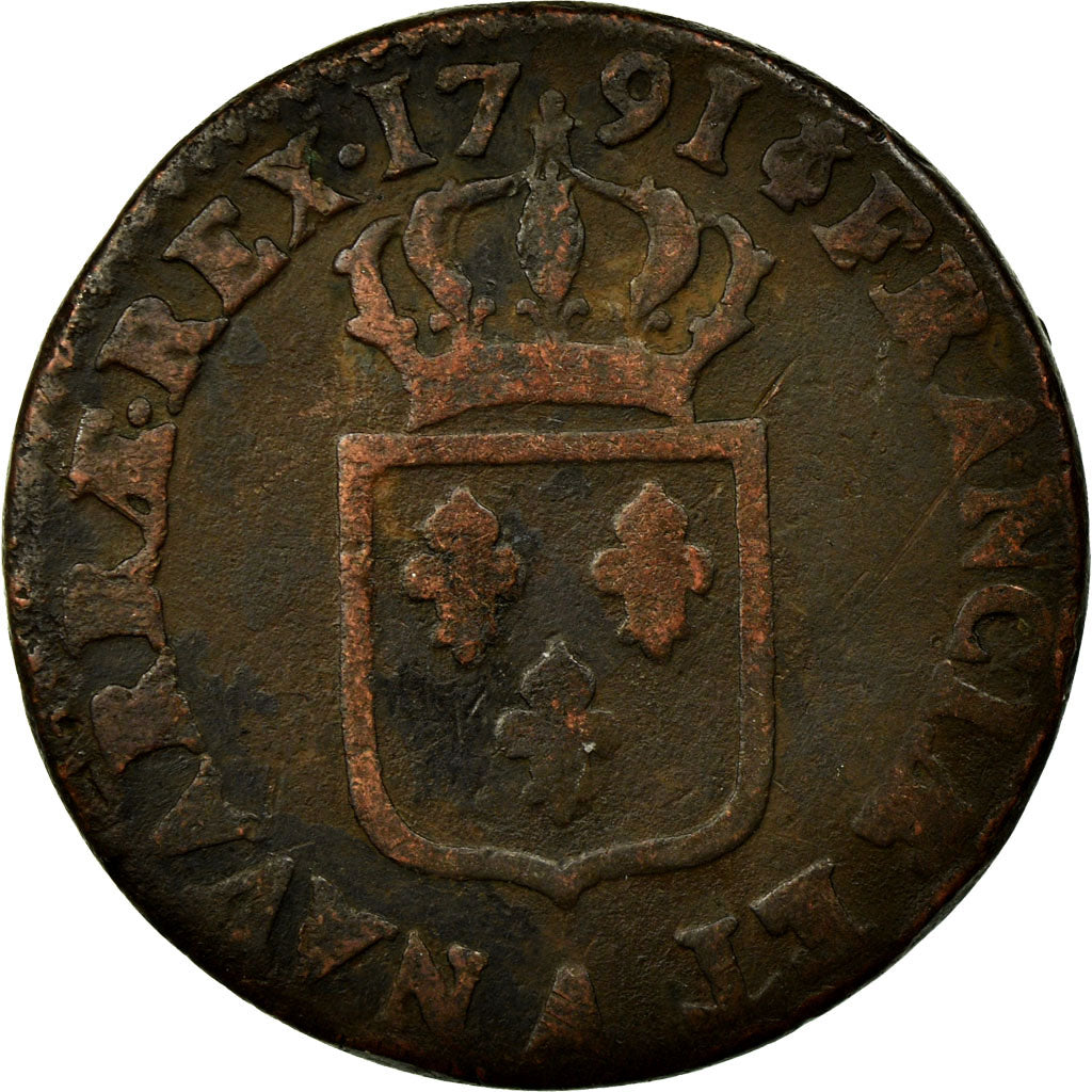 Coin, France, Louis XVI, Sol ou sou, Sol, 1791, Paris, VF(20-25), Copper