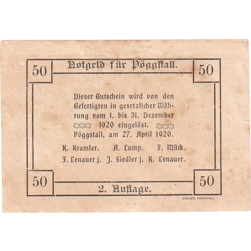 Áustria, Pöggstall, 50 Heller, 1920-12-31, EF(40-45)