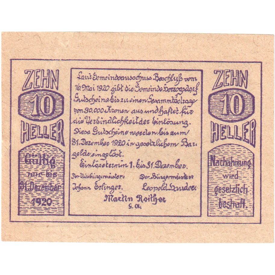 Austria, Herzogsdorf, 10 Heller, 1920-12-31, UNC(63)