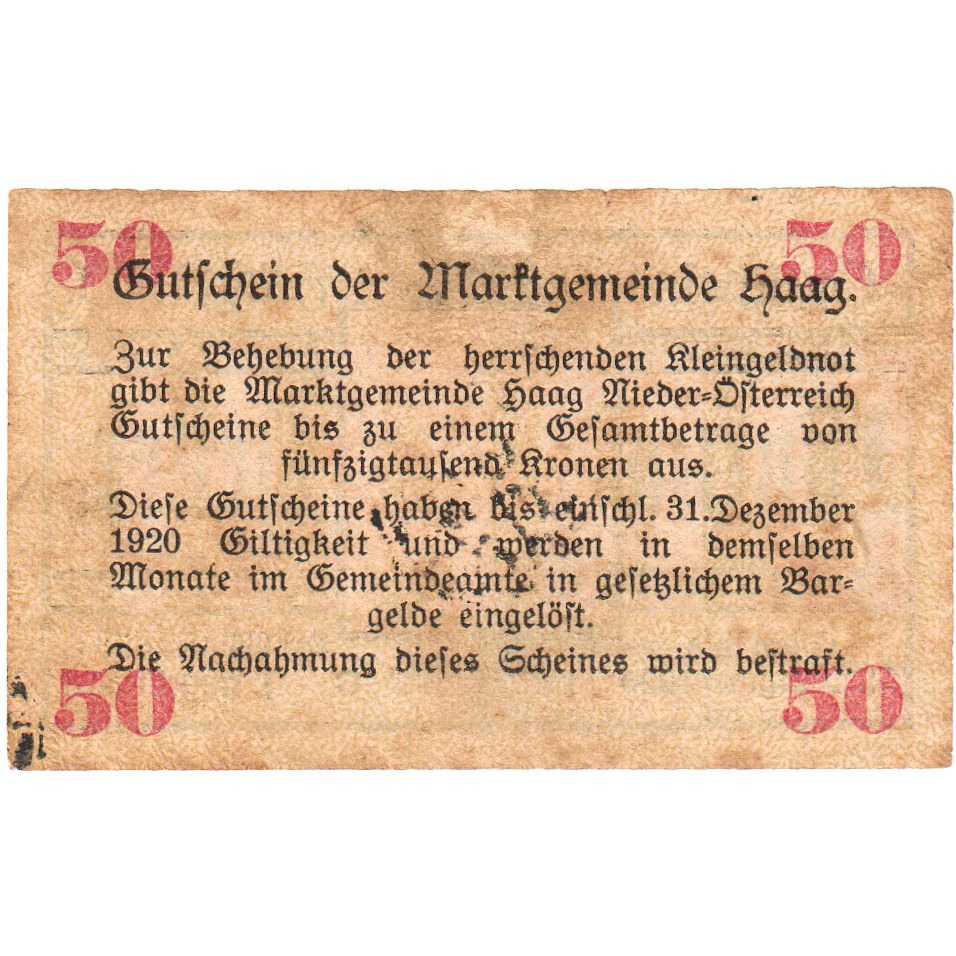 Autriche, Haag, 50 Heller, 1920-12-31, TTB