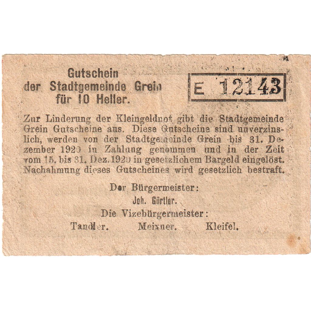 Áustria, Grein, 10 Heller, 1920-12-31, EF(40-45)
