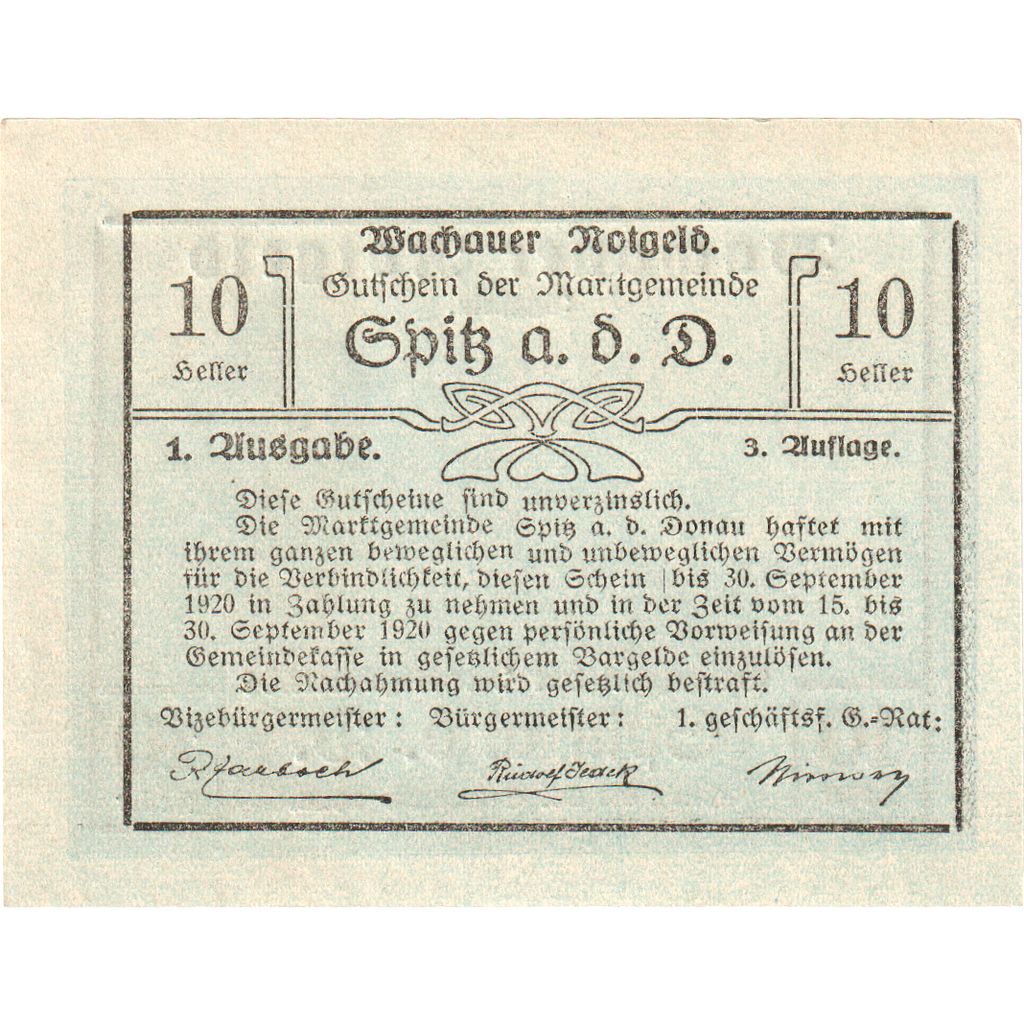 Áustria, Spitz an der Donau, 10 Heller, 1920-09-30, UNC(63)