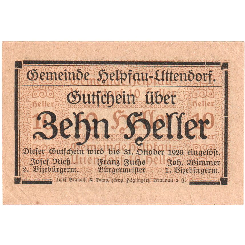 Áustria, Helpfau-Uttendorf, 10 Heller, 1920-10-31, UNC(63)