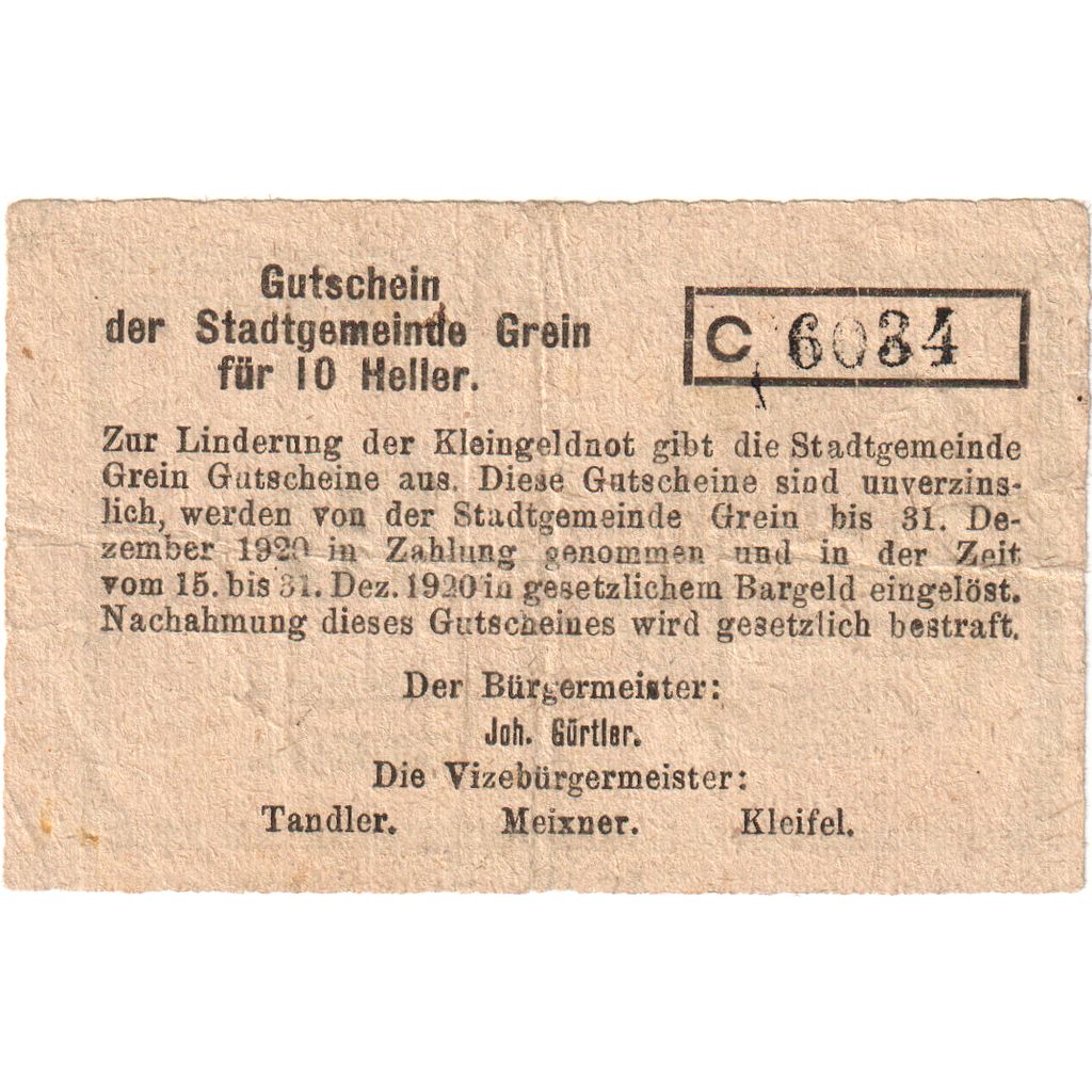 Austria, Grein, 10 Heller, 1920-12-31, VG(8-10)