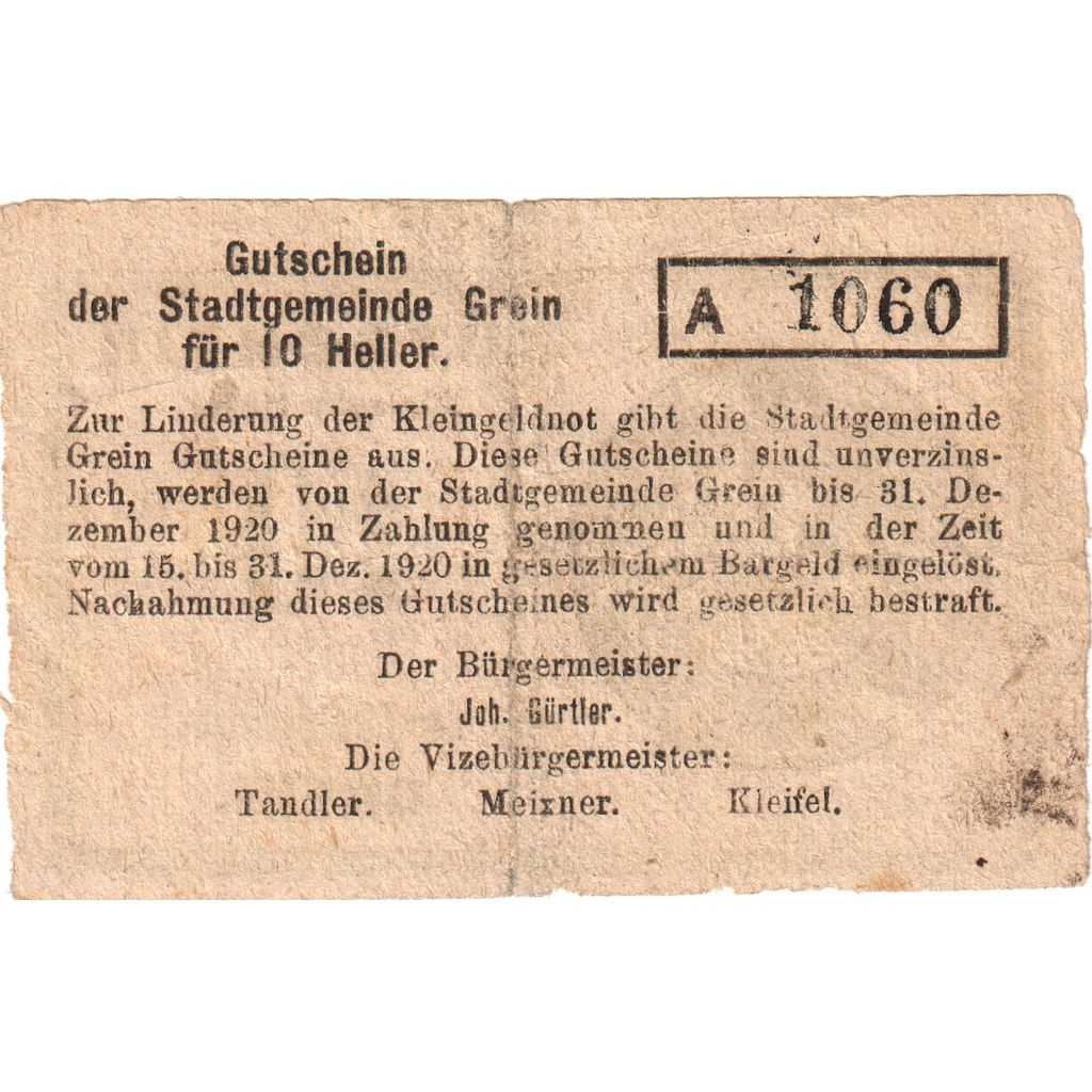 Austria, Grein, 10 Heller, 1920-12-31, RC