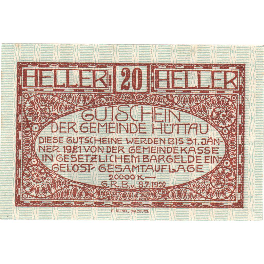 Austria, Hüttau, 20 Heller, 1921-01-31, SC
