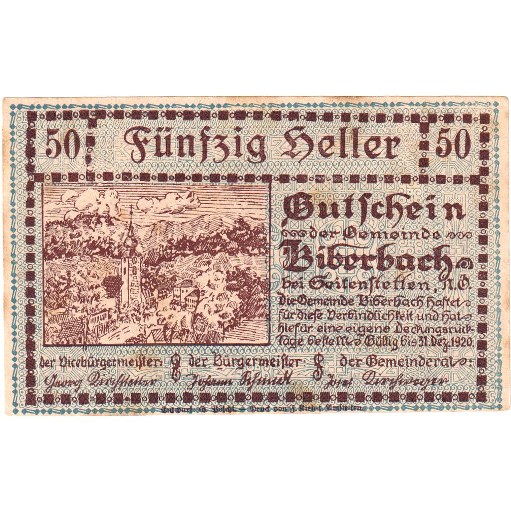 Oostenrijk, Biberbach, 50 Heller, 1920-12-30, TTB