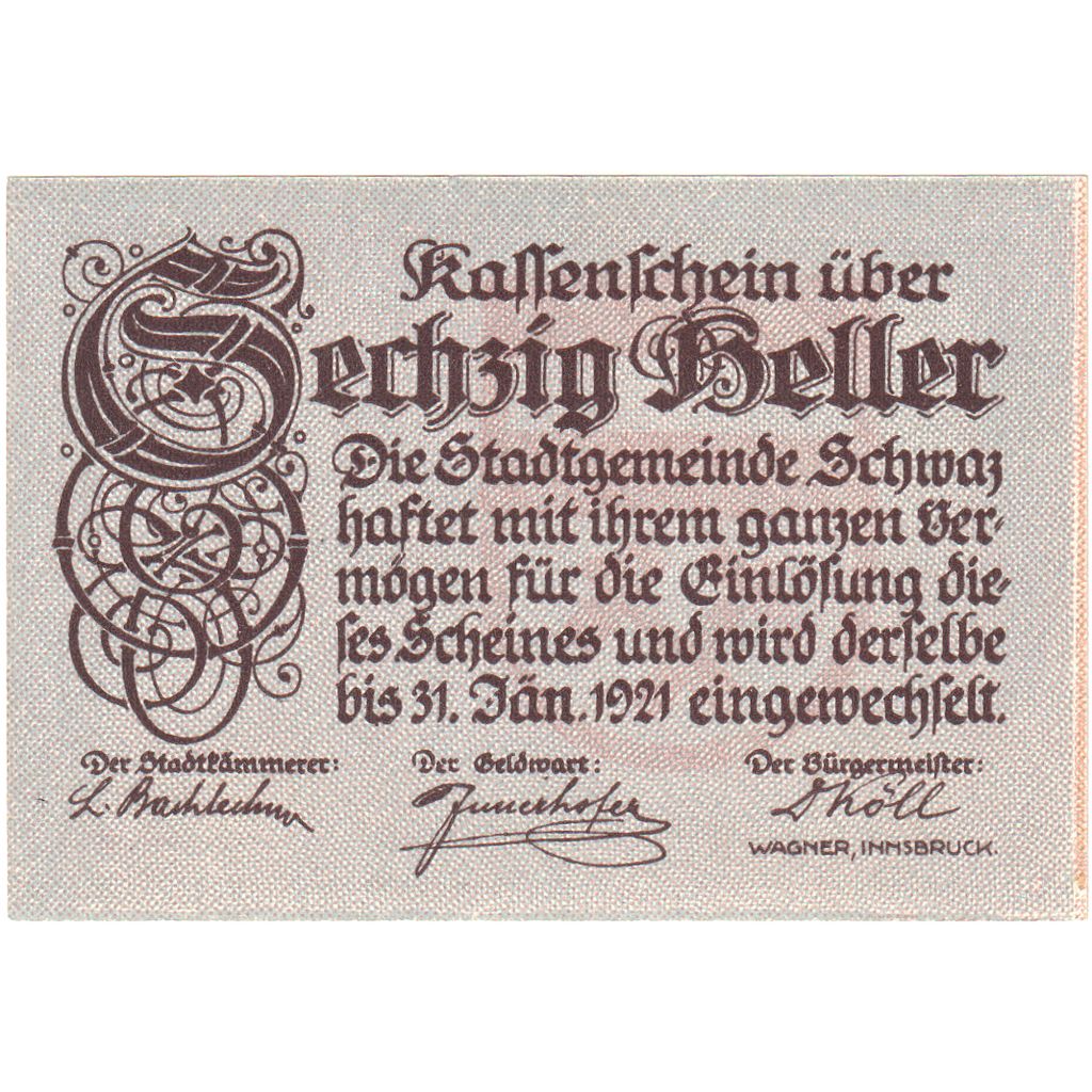 Oostenrijk, Schwaz, 60 Heller, 1920-12-31, SPL